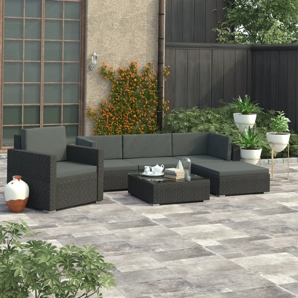 Set Divani da Giardino 6 pz con Cuscini in Polyrattan Nero cod mxl 35425