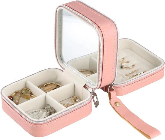 Cassaforte portatile per anelli, orecchini e collane in pelle rossa PU - Con specchio - Contenitore per gioielli a doppio strato per collane e bracciali - Orecchini holder