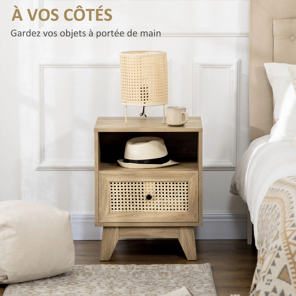 Comodino con cassetto e anta cannage ¨C Xylo ¨C legno naturale 45x39x56,5 cm