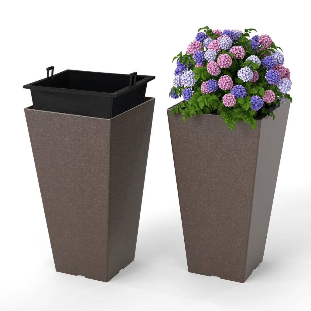 Vasi da fiori auto-irriganti da 57 cm con secchio interno rimovibile e fori di drenaggio, Set di 2 vasi quadrati ed esterno per casa Marrone-Fioriere