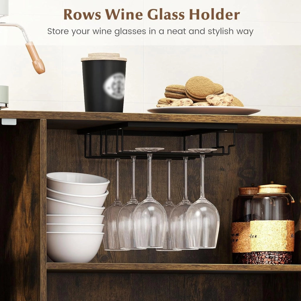 Armadio per Vini, Mobile di Stoccaggio con 3 Scomparti Aperti, Porta Bicchieri da Vino, Ripiano Regolabile, Porta Singola, Gambe in Metallo, Credenza per Cucina, Sala da Pranzo