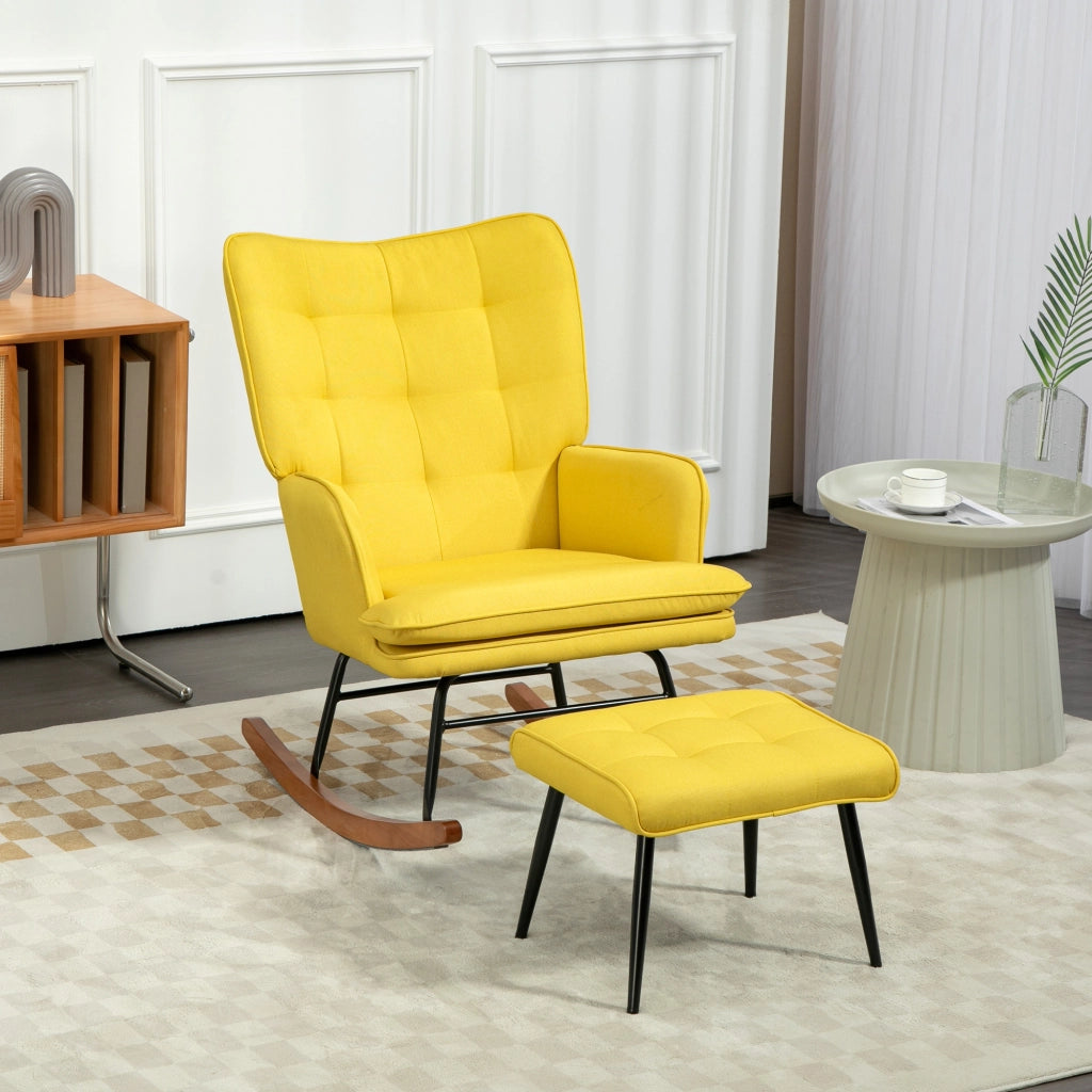 Poltrona a Dondolo con Pouf ¨C Zephmum ¨C Legno di Faggio, Imbottita, 64x89x90 cm, Giallo
