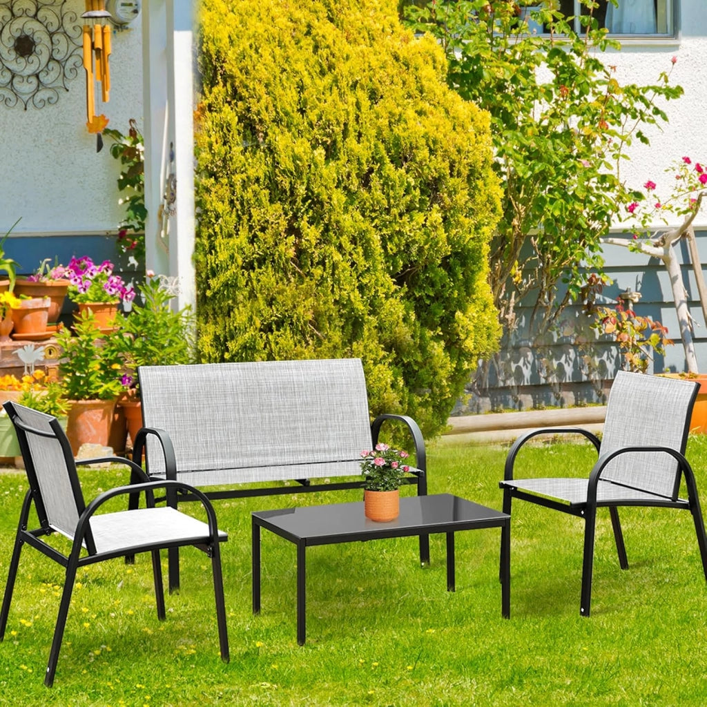 Set da Giardino con 4 Pezzi, Set da Giardino per Chiacchierare, Sedie da Giardino con Tavolino in Vetro, con Struttura Resistente in Ferro, Tessuto a Rete Traspirante (Grigio)