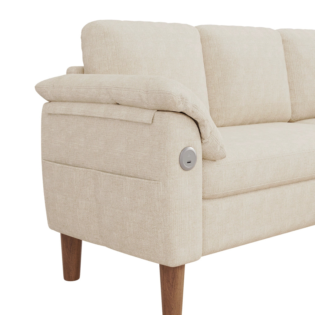 Divano angolare 3 posti con chaise longue contenitore e USB in chenille beige