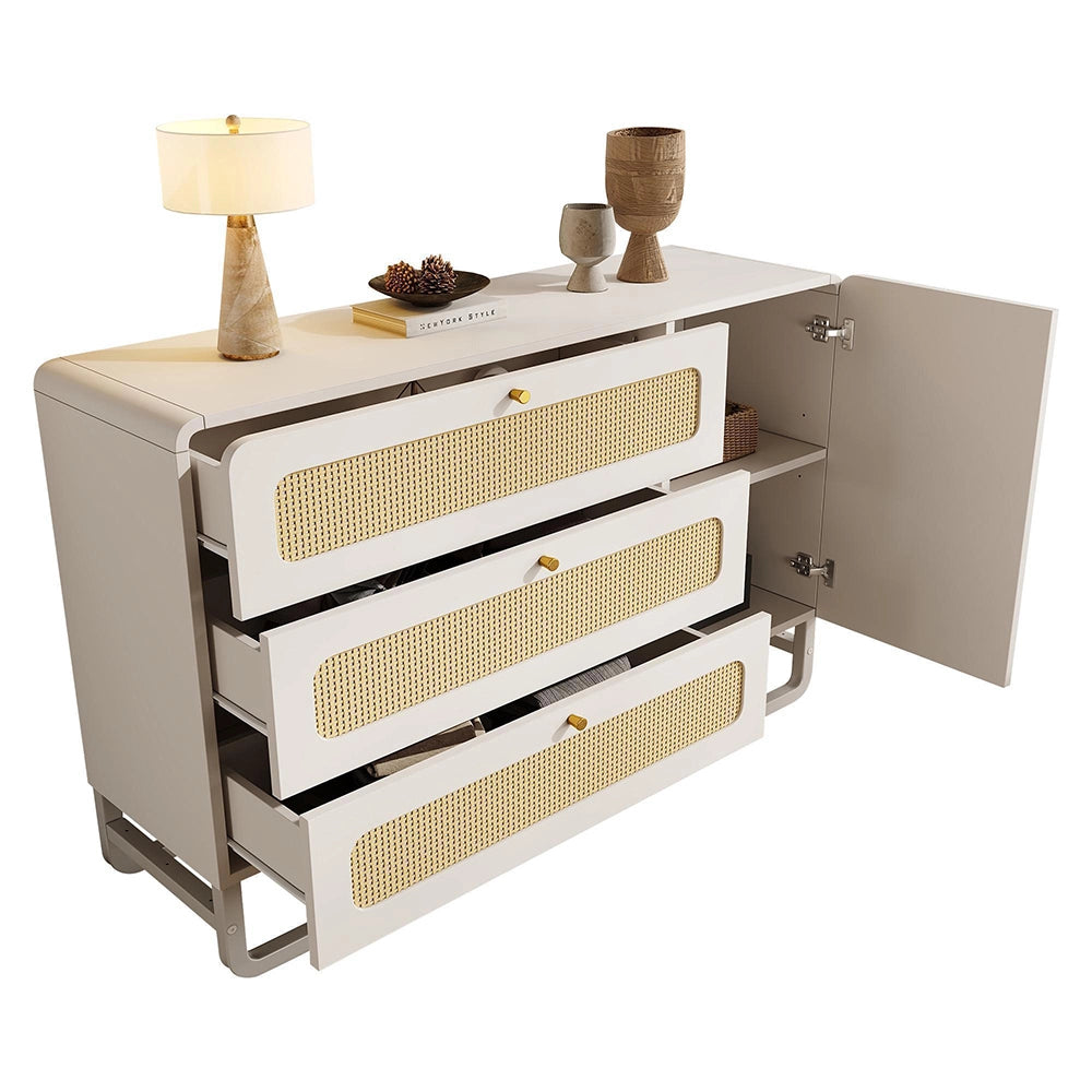 Credenza Stile Cottage 120x85x40cm - Xylo - Bianco con 3 Cassetti e Maniglie Vimini