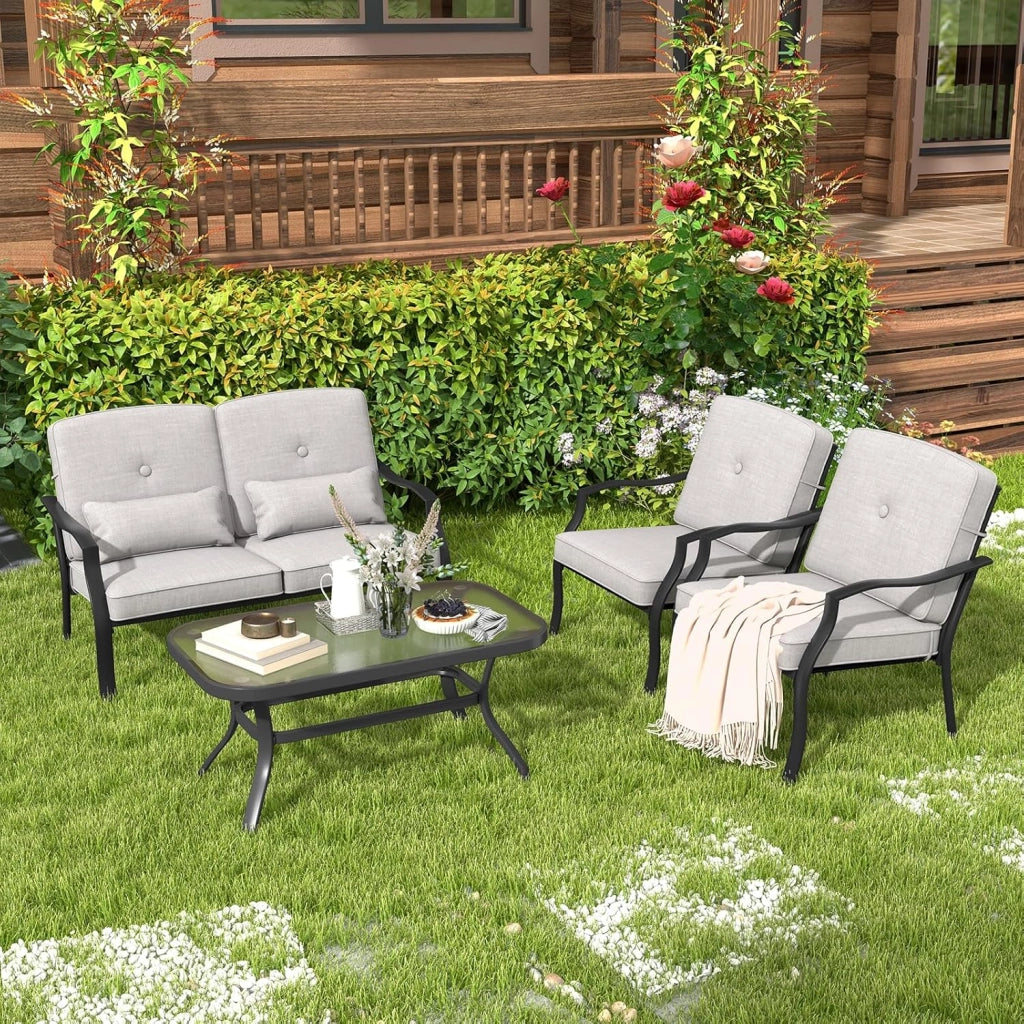 4 Pezzi Set di Mobili da Giardino, con Cuscini e Tavolino in Vetro Temperato, Struttura in MetalloSet di Divani da Esterno per Giardino Cortile e Piscina (Grigio)