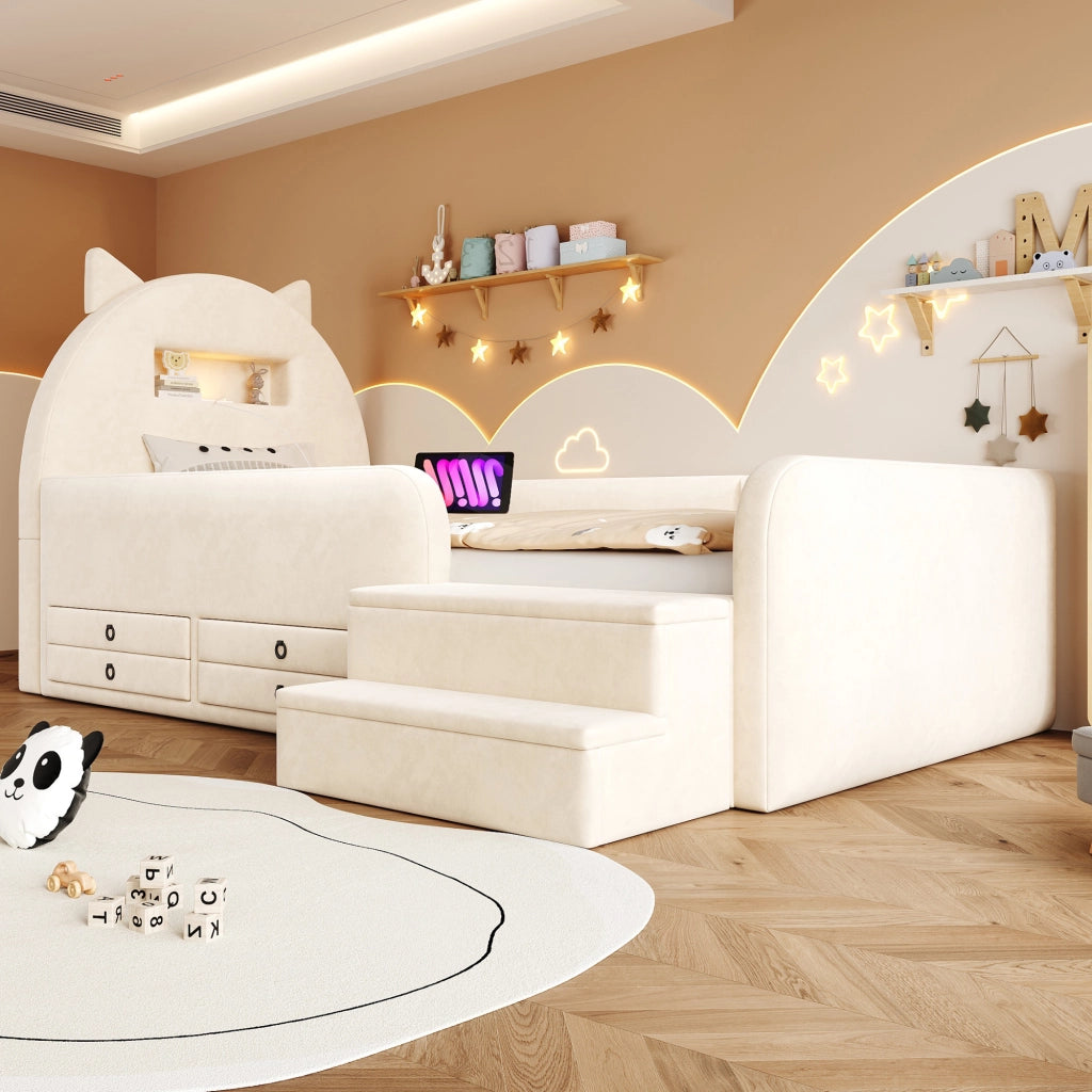 Letto per bambini 90 × 200 cm con testiera a orecchie, 4 cassetti, luce notturna et USB, senza materasso, beige