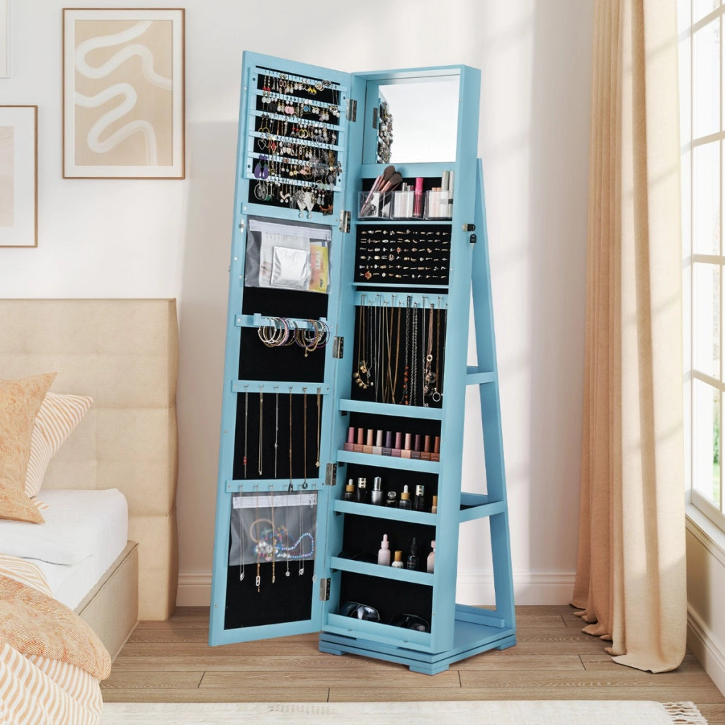 Armadio portagioielli girevole a 360¡ã con specchio, Organizer gioielli 2 in 1 a figura intera Blu-Armadietti per gioielli
