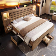 Letto matrimoniale in legno - Xylo - 180x200 cm - LED, USB-C, nicchia illuminata, comodini sospesi, cassetti