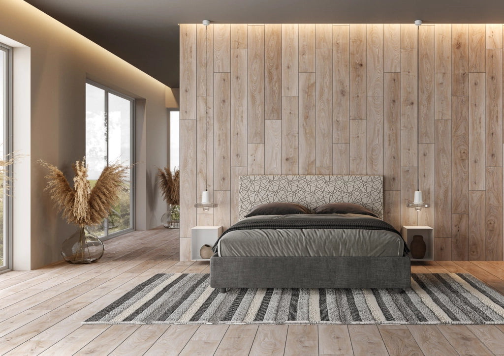 Letto Matrimoniale 160x200 cm con Rete e Contenitore con Testata e Alzata Comoda Imbottito in Tessuto Era Arla Grigio