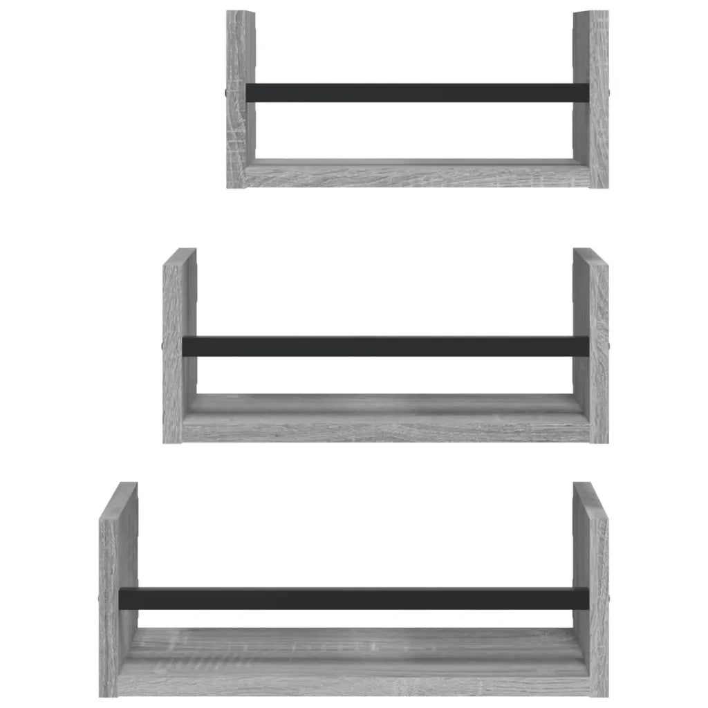 Set Mensole Parete con Aste 3pz Grigio Sonoma Legno Multistrato 835447