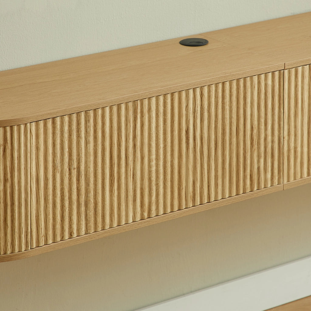 Mobile porta TV sospeso con 2 ante, passacavi e angoli arrotondati, in truciolare e MDF, naturale, 140 × 32 × 30 cm