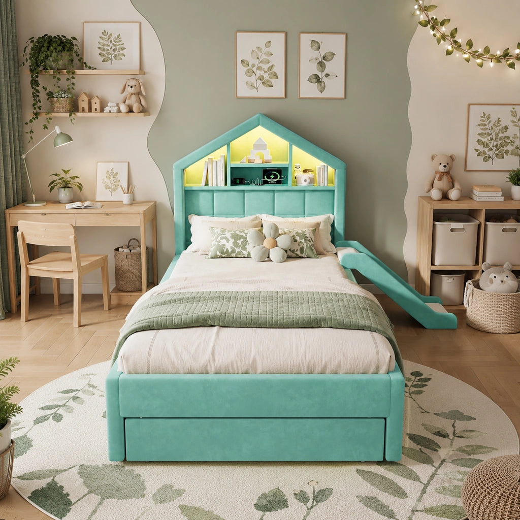 letto per bambini velluto blu verde 156 x 214 cm