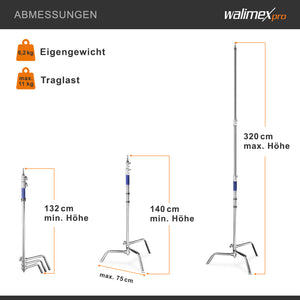 C-Stand per fotografia, Stativo per luci fotografiche flash da studio, 750x750x1400 mm, mac 11 kg , con piede regolabile e spigot 5/8" Spigot, Treppiedi fotografico