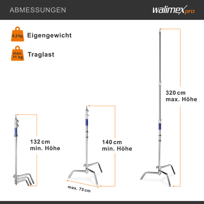 C-Stand per fotografia, Stativo per luci fotografiche flash da studio, 750x750x1400 mm, mac 11 kg , con piede regolabile e spigot 5/8" Spigot, Treppiedi fotografico