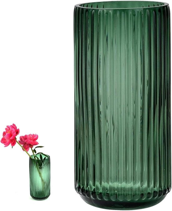 Vaso di cristallo per fiori, moderno vaso cilindrico, vasi di cristallo artigianali, verde, 20 cm alto, vaso di vetro spesso a strisce per decorazione bohemien per ufficio casa, decorazione tavola, regalo di compleanno, regalo di matrimonio