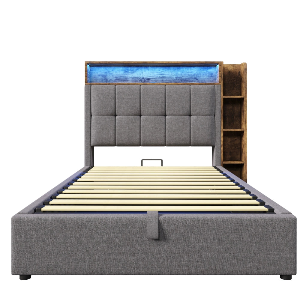 Letto imbottito 90x200 cm con USB; LED e contenitore in lino e MDF grigio