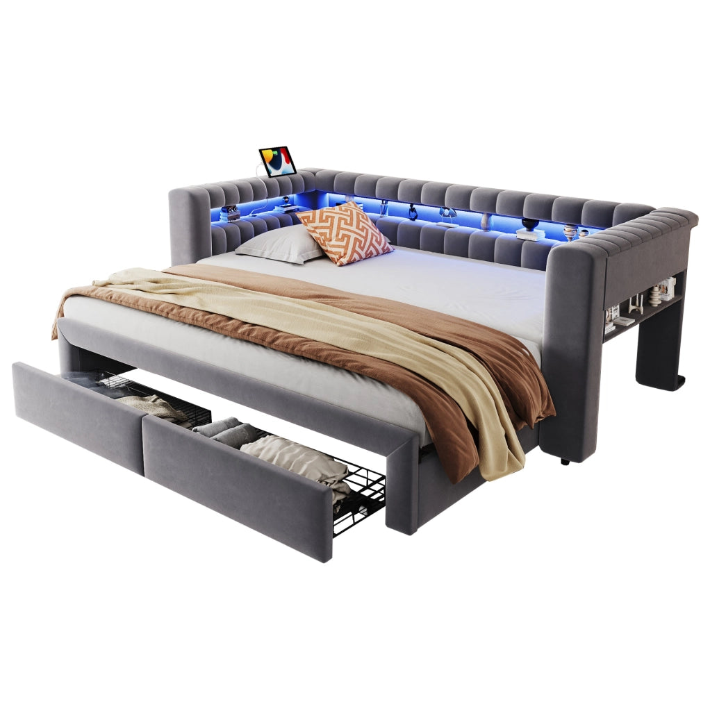 Divano letto ULEVR 90x190 cm estraibile in 180x190 cm con 2 cassetti, LED, USB e Type-C, velluto grigio
