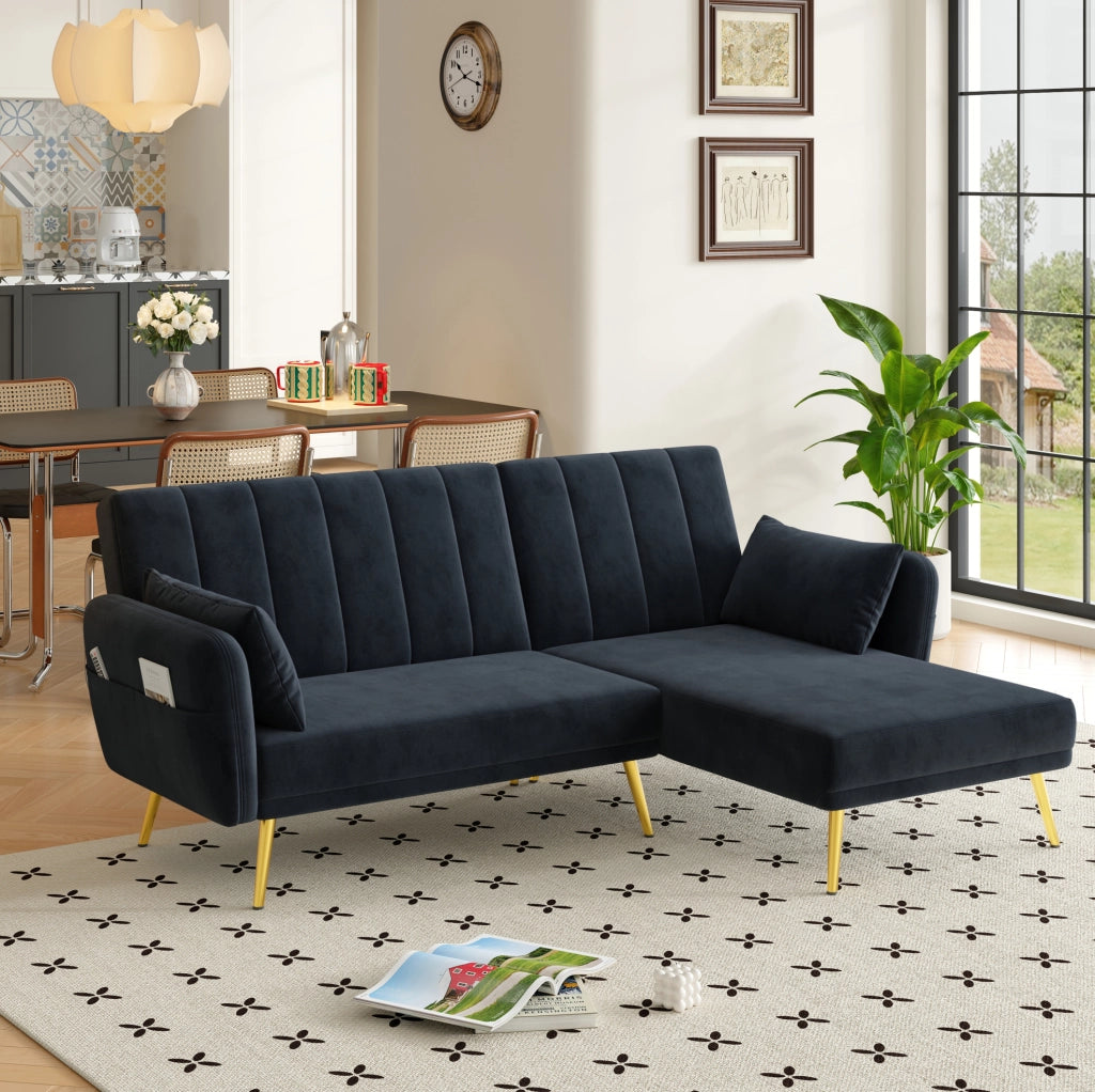 Divano angolare multifunzione con chaise longue reversibile; schienale regolabile; nero
