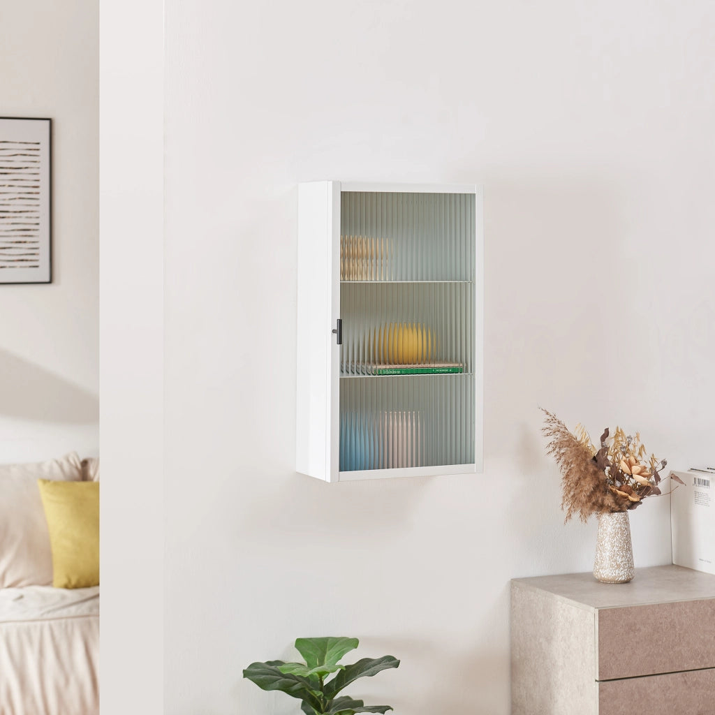 Armadietto a Parete Zundert Pensile ad Anta in Vetro Scanalato 60 x 35 x 15 cm - Bianco [en.casa]