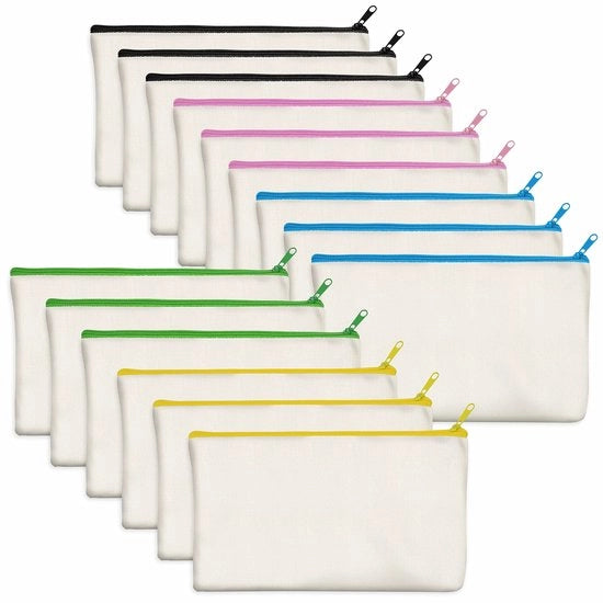Pacchetto di 15 borse in tessuto di cotone/canvas vuote con chiusura a zip; da realizzare personalmente; come etui o contenitore per make-up, cosmetici, articoli da toeletta e altri contenitori di ripostiglio; (beige, chiusura a zip colorata)