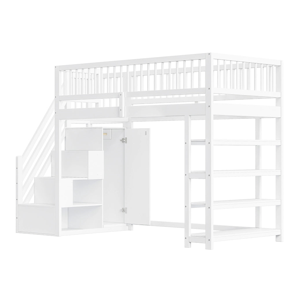 Letto a soppalco multifunzione 90x200 cm con armadio; ripiani e scala di sicurezza; bianco
