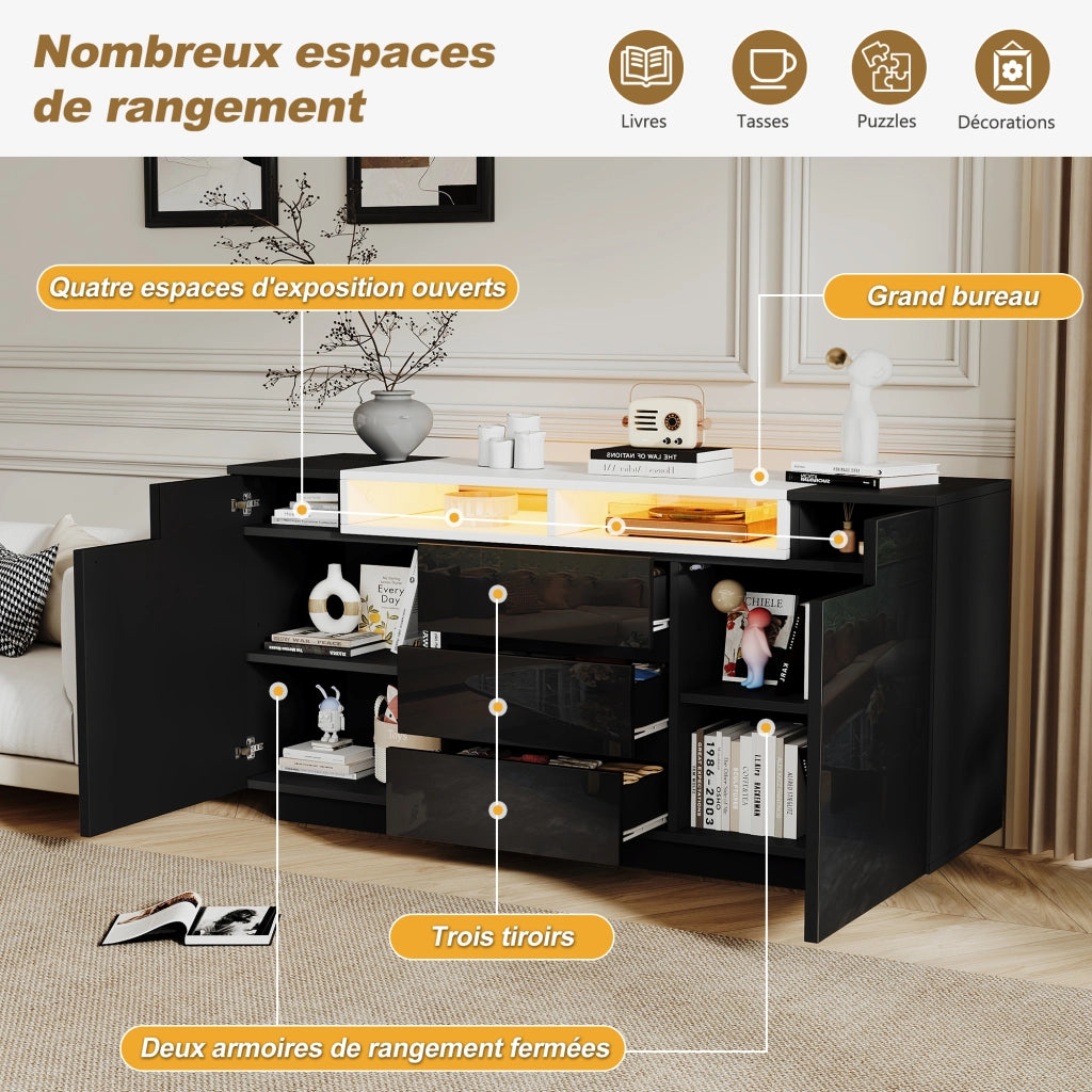 Credenza soggiorno nera 140 cm mobile buffet lucido con LED e cassetti
