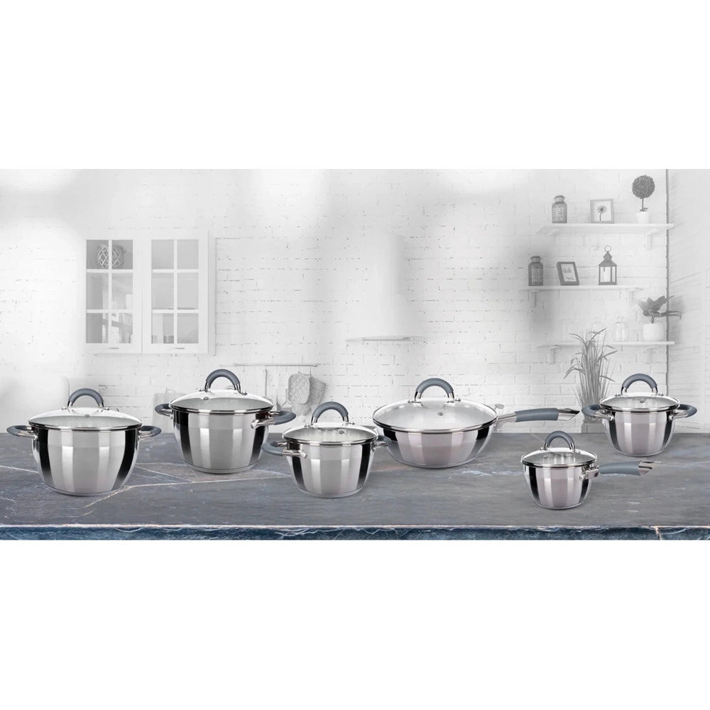 Trade Shop - Set Batteria Di Pentole A Induzione 12pz In Acciaio Inox Manici In Silicone Antiscivolo -