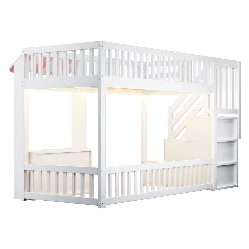 Letto a soppalco 90x200 cm rosa con scala contenitore e LED