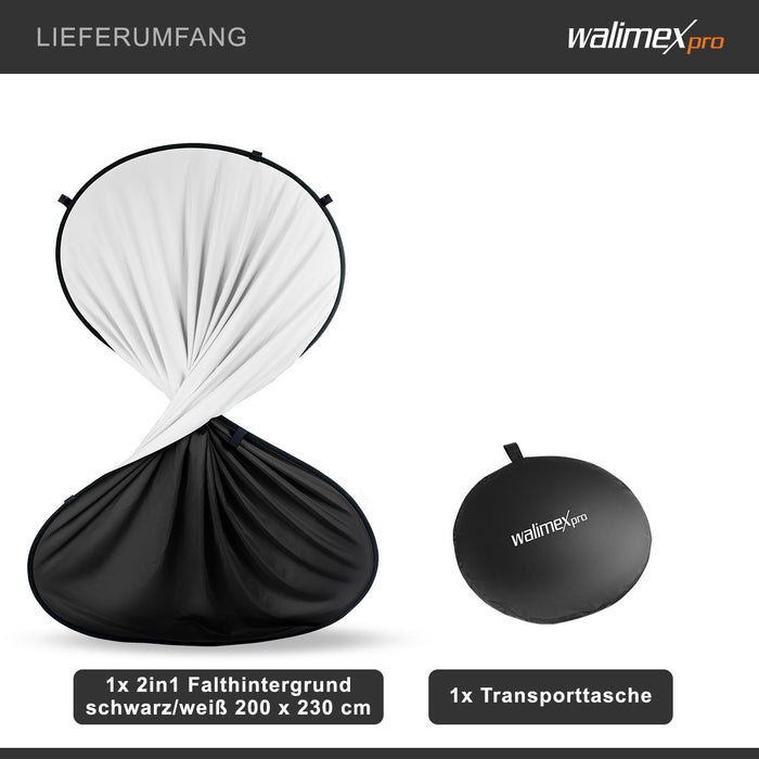 Fondale fotografico pieghevole 2in1 bianco/nero 200 x 230 cm, con anello elastico e borsa da trasporto, per studio fotografia