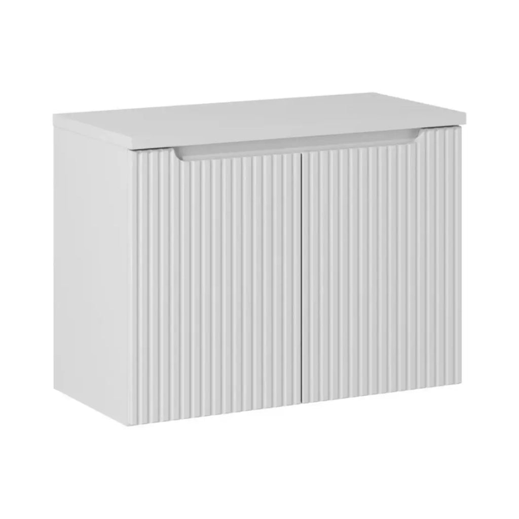 Set da bagno VANO bianco 80cm: mobile sottolavabo con ante scanalate + piano per lavabo bianco alpino opaco