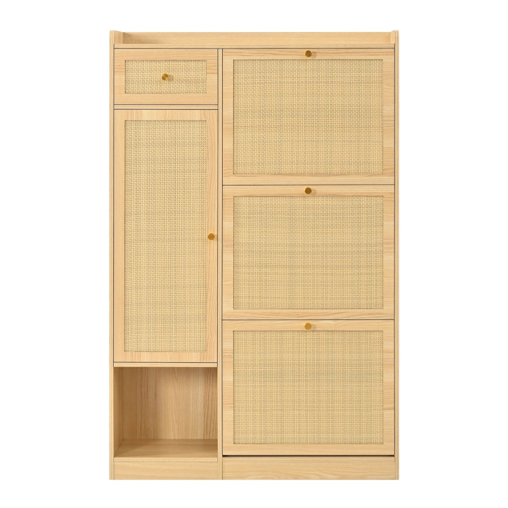 Scarpiera, mobile da ingresso, finitura in vimini, 3 sportelli ribaltabili, con cassetti, 80,5 x 25 x 125 cm, colore legno naturale