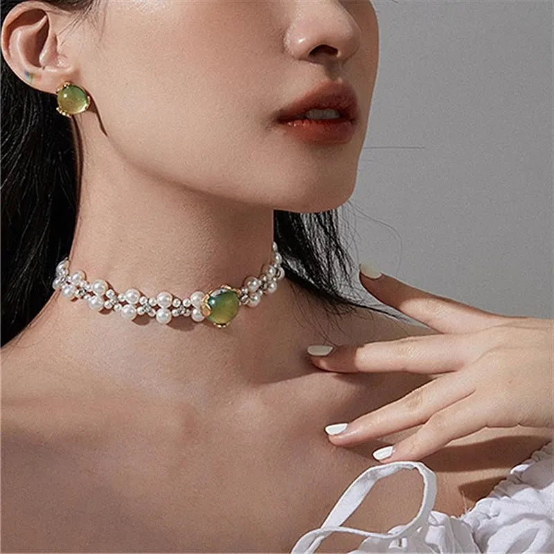 Set di orecchini e collana con pietre preziose verdi: argento S925, gioielli fatti a mano