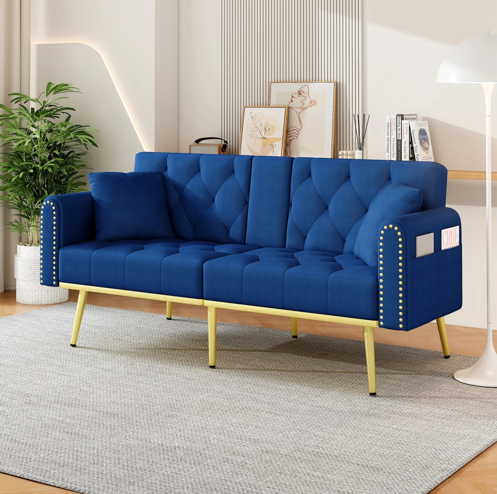 Divano letto multifunzione 175x80x73;5 cm in velluto blu con schienale regolabile
