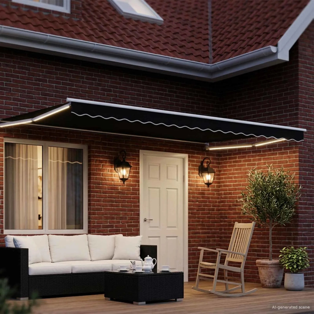 Tenda retrattile manuale con LED Nero e Bianco 4 × 3 m