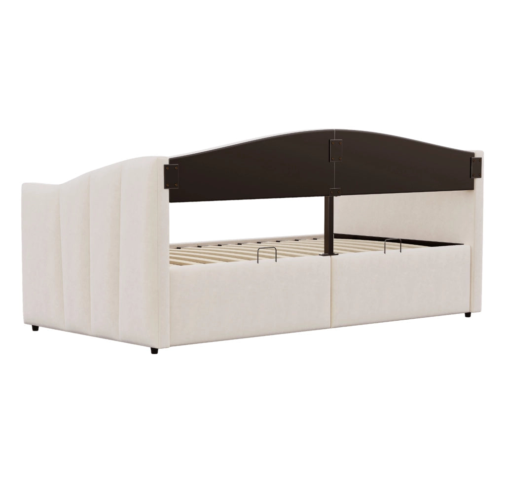 Letto imbottito multifunzionale 90x200 cm con contenitore idraulico; velluto beige