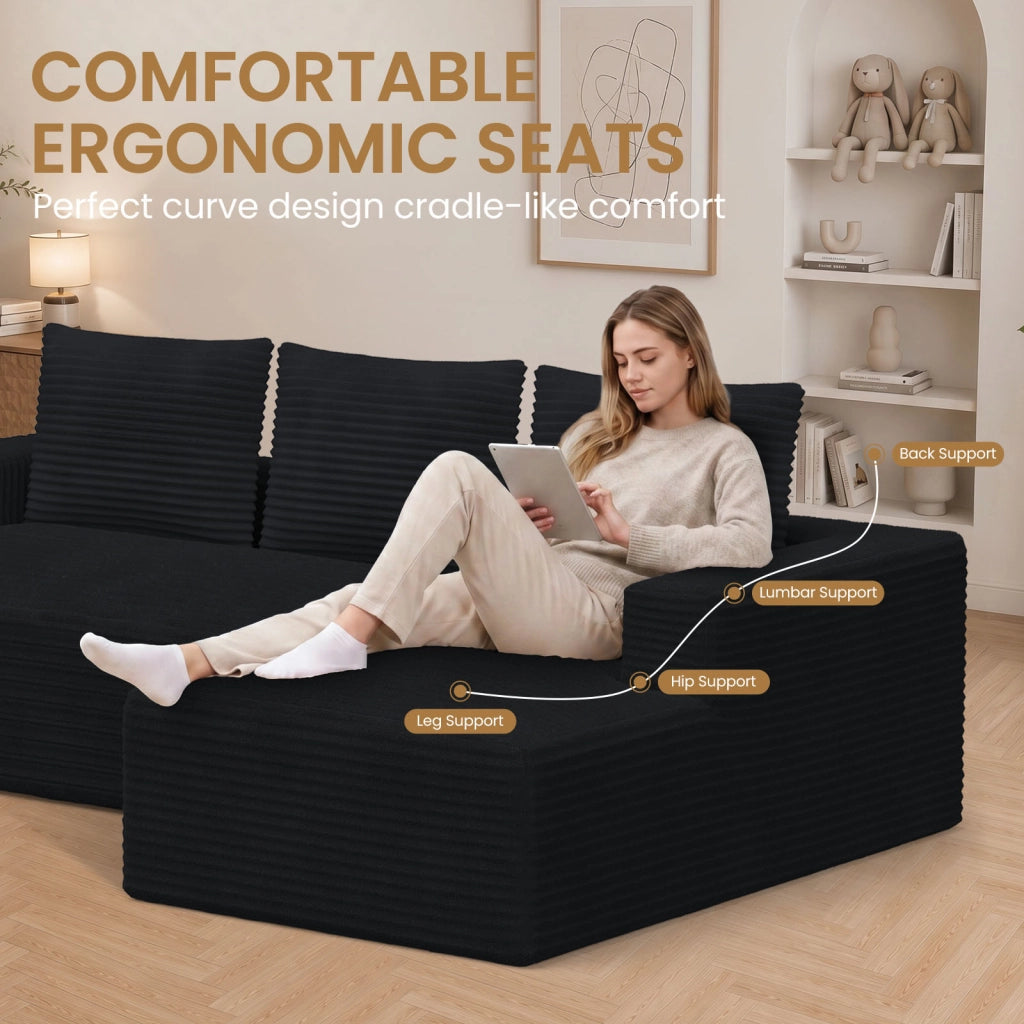 Divano angolare modulare in velluto a coste a L, divano compresso sottovuoto senza montaggio con chaise longue, molle insacchettate ergonomico