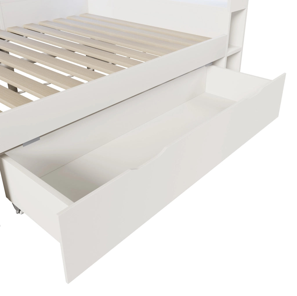 Letto singolo/doppio 140x200 cm con LED; porte USB e Type-C; cassetti e ripiani; bianco
