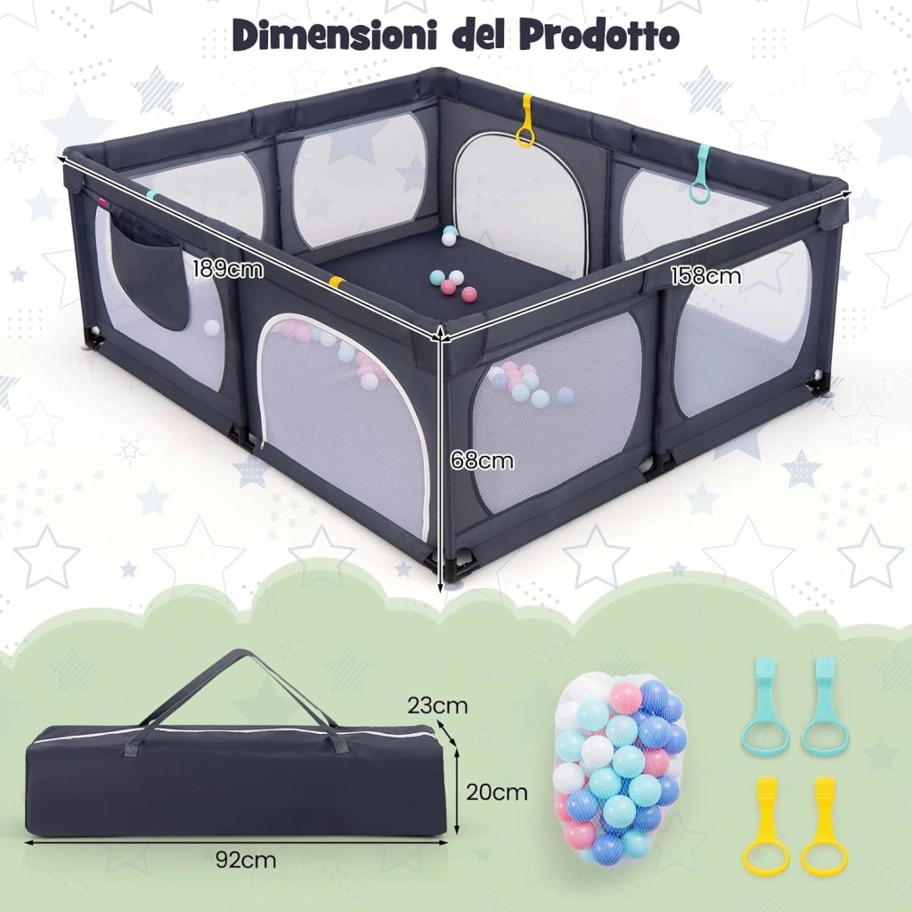 Recinto per Bambini, Box per Bambini con Rete Traspirante, Centro Attività per Bambini con 50 Palline, Box Giochi per Bambini 0-3 Anni (Grigio Scuro, 189 x 158 cm)