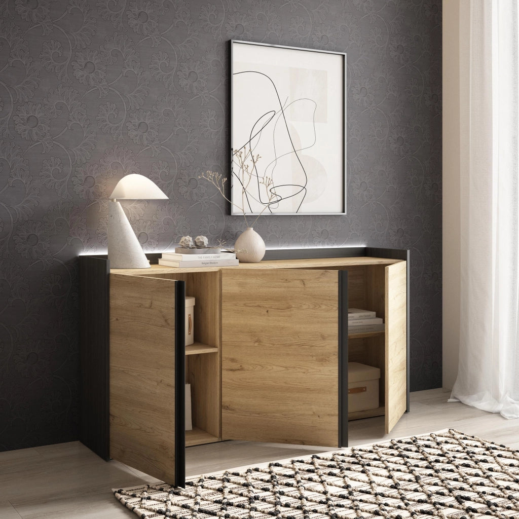 Credenza, Mobile, Cucina, 156x80x35 cm, 3 Porte, LED, Rovere e nero