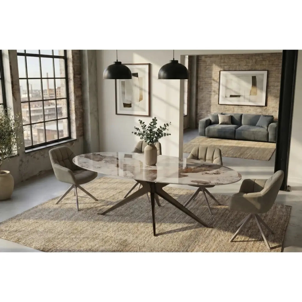 Tavolo da pranzo AVELIS ovale 220 cm in ceramica effetto marmo bianco e metallo bronzo