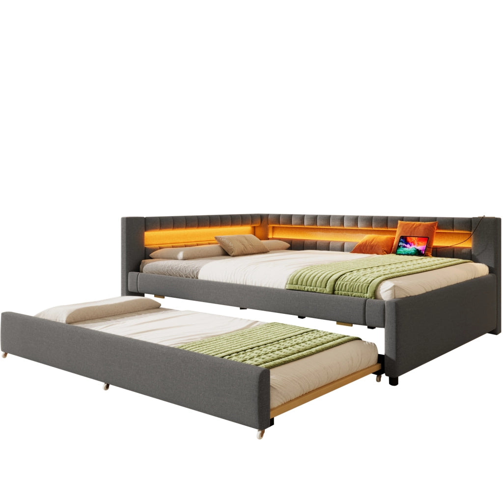 Letto da giorno 140x200 cm con letto estraibile, LED e USB-C