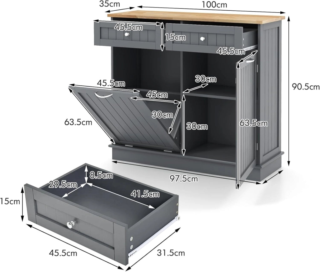 Credenza Cucina con Supporto per Bidoni della Spazzatura 42 L, Mobile Dimpensa Portaoggetti con 2 Cassetti e Ripiano Regolabile, per Sala da Pranzo, Soggiorno, 100 x 35 x 90,5 cm (Grigio)