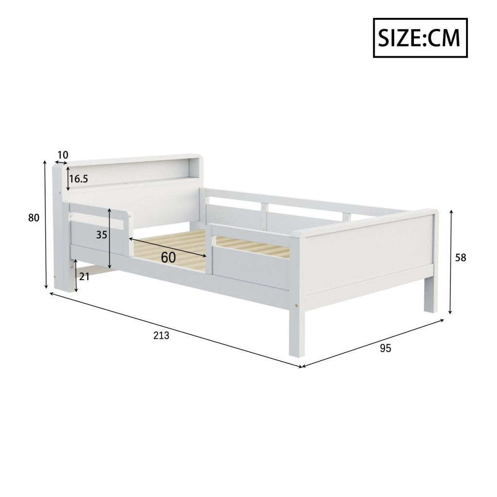 Letto per bambini 90 × 200 cm con luce LED, presa USB e Type-C, testiera con ripiano, senza materasso, bianco