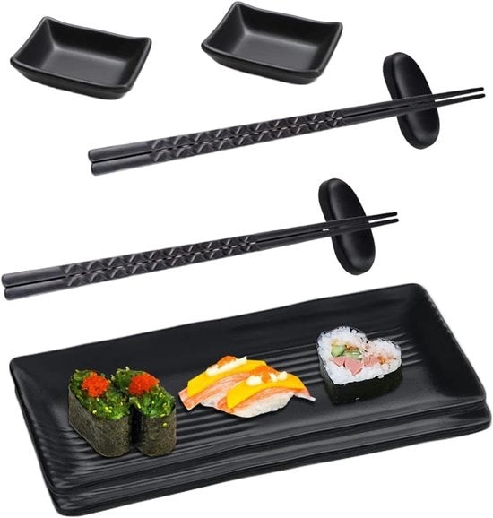 Servizio per sushi con stuzzichini e piatti - set di servizio per sushi con stuzzichini in legno - 2 paia di stuzzichini + 2 piatti per stuzzichini + 2 piatti + 2 piatti per dips - nero