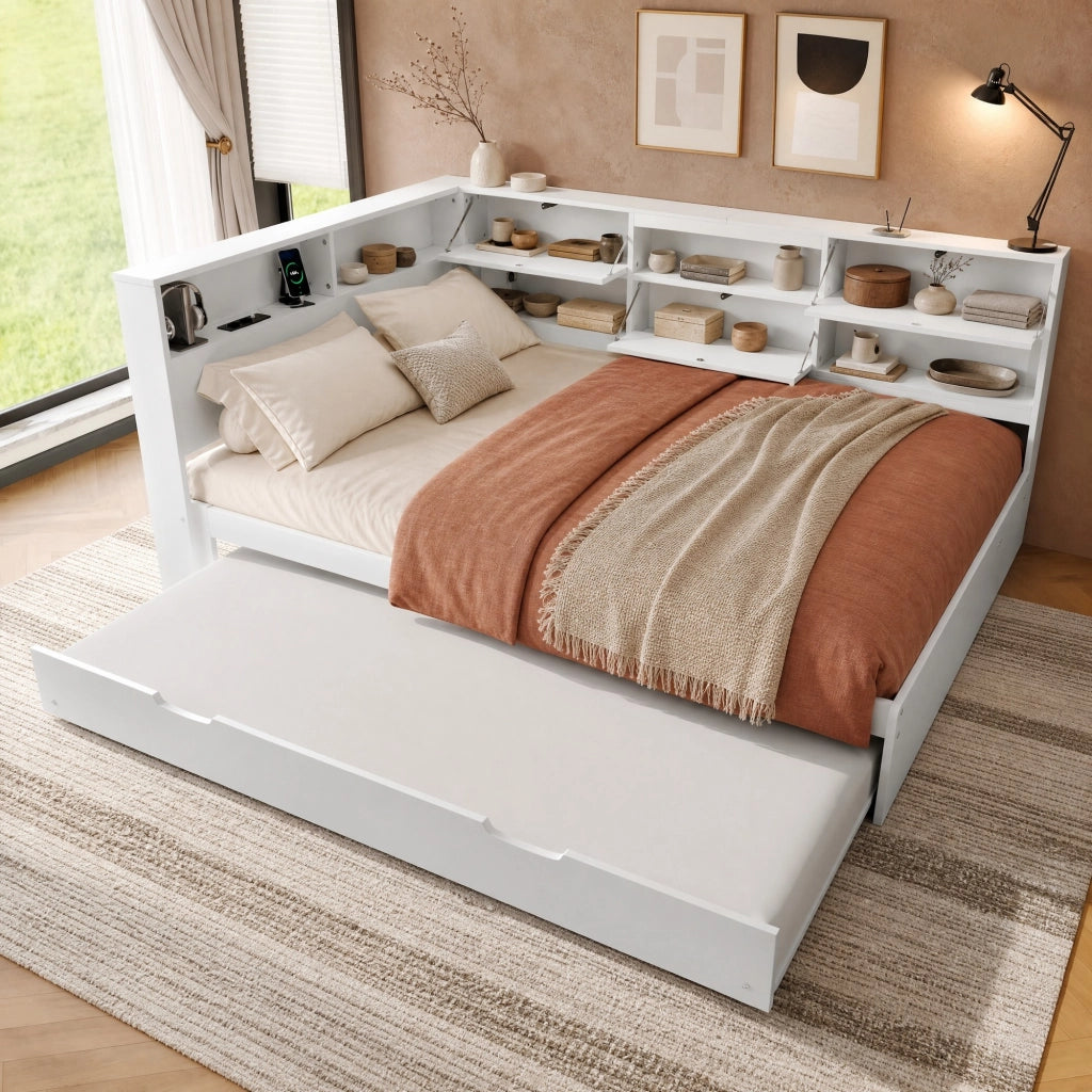 Daybed con letto estraibile 140x200 cm; testiera con vano contenitore e USB/Type-C; bianco