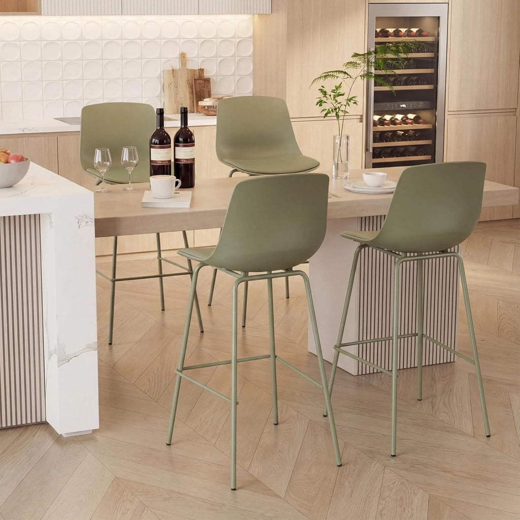 Set di 4 Sgabelli da Bar in Ecopelle con Schienale e Poggiapiedi | Sedie Alte con Sedili Imbottiti Morbidi, Gambe in Metallo, Stile Moderno per Isola Cucina e Sala da Pranzo, Portata 180 kg