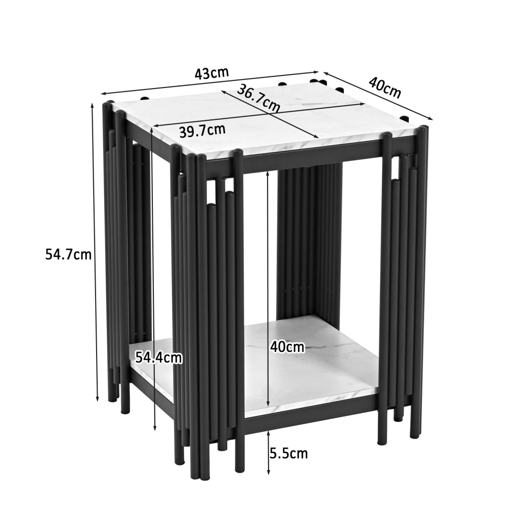 Comodino con 2 ripiani, struttura in metallo nero e piano in MDF effetto marmo, per camera da letto e soggiorno, bianco e nero, 43 × 40 × 55 cm