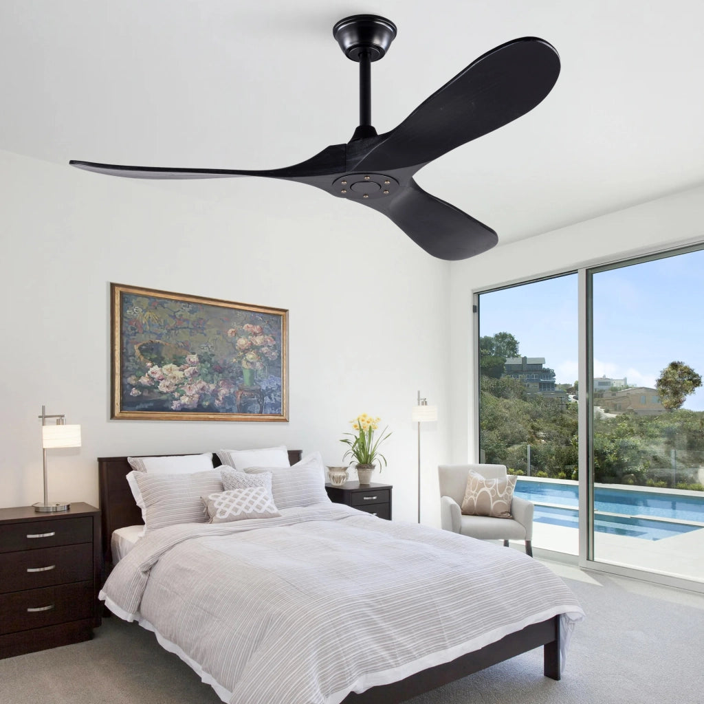Ventilatore da soffitto nero design moderno 52 pollici, 3 pale legno massello, senza illuminazione, motore DC reversibile silenzioso