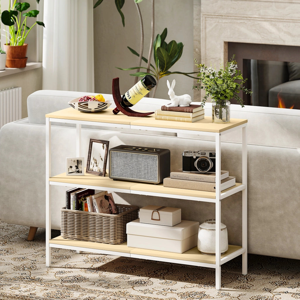 Consolle Ingresso con Ripiani Aperti e Gambe in Metallo ¨C zephmum ¨C Legno Naturale e Bianco
